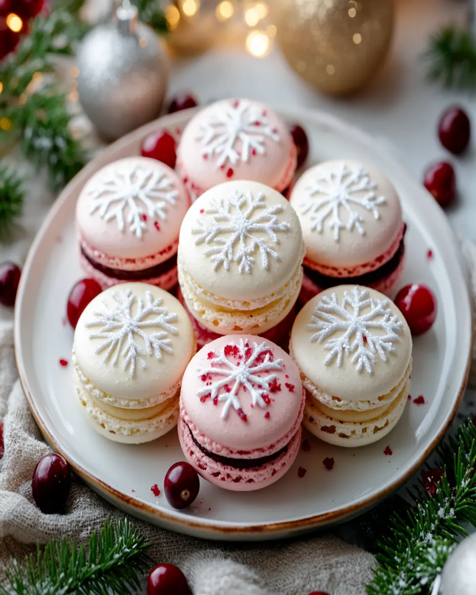 SNOWFLAKE CRANBERRY CHRISTMAS MACARONS: A Festive Delight! First Image First Image