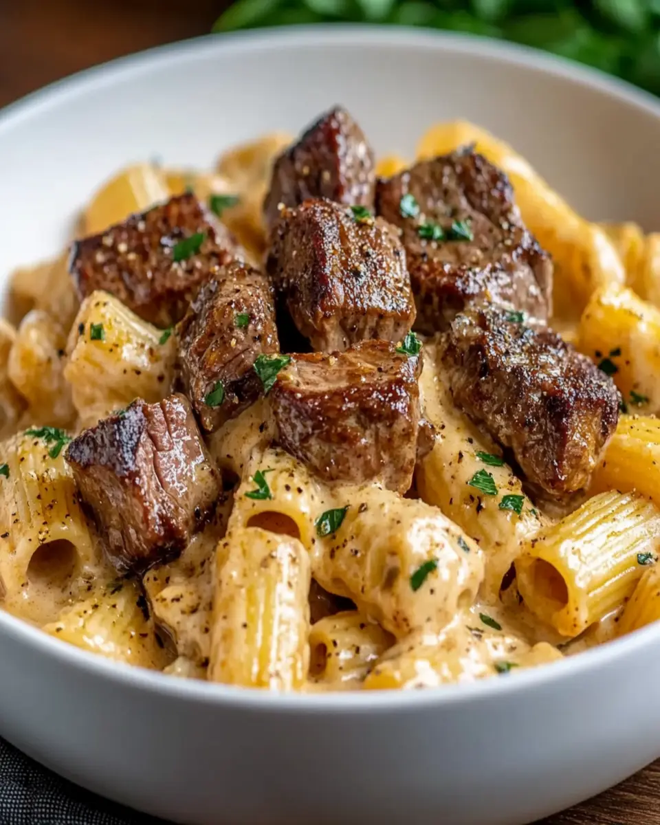 Cajun Steak Tips in Cheesy Rigatoni Parmesan Sauce First Image First Image