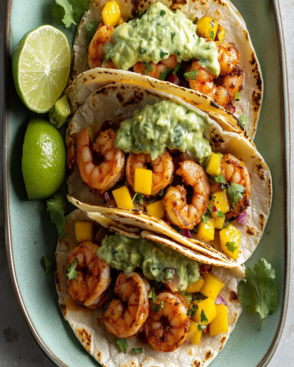 Chipotle Shrimp Tacos with Avocado Crema and Mango Salsa First Image First Image